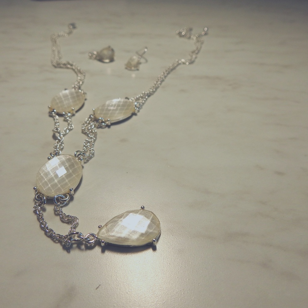 Vintage Avon Silver Tone White Pendant Necklace and wire earrings in NIB